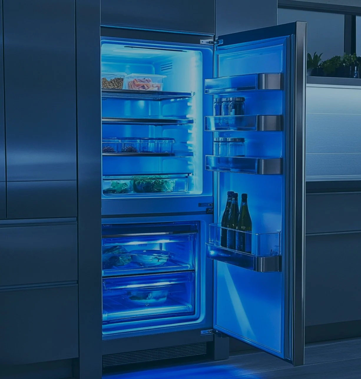 Open refrigerator freezer with blue interior lighting - freezer repair in Leander, TX